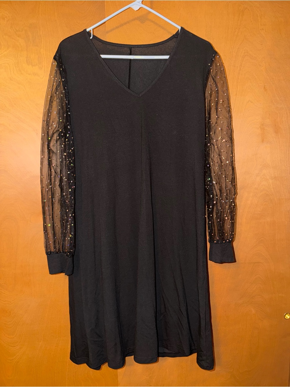 Black V-Neck Dress with Sheer Sequin Sleeves